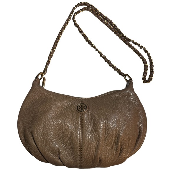 Tory Burch Handbags - Tory Burch Taupe Brown Pebbled Leather Shoulder Bag with Braided Chain Strap